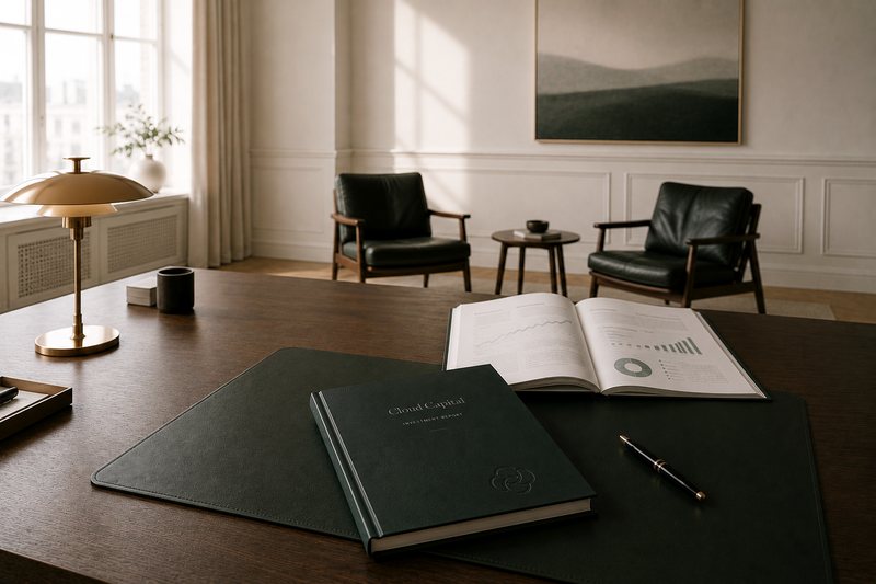 Kontor med skrivebord og Cloud Capital identitetsbog — disciplineret kapitalforvaltning